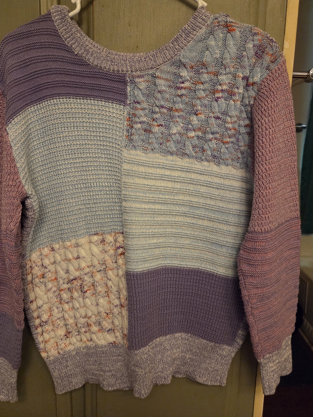 Time and Tru Patchwork Crewneck Sweater in Lavender and Light Blue